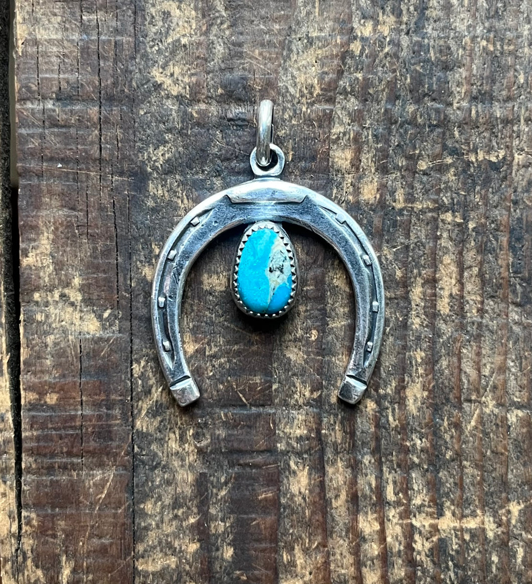 Sterling Horseshoe Pendant with Fox Turquoise, Pendant Only