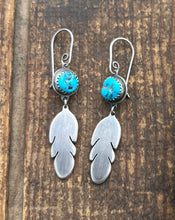 Load image into Gallery viewer, Kingman Nugget Turquoise Feather Drop Earrings in Handcrafted Sterling Silver
