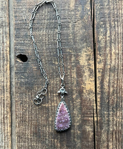 Natural Raw Amethyst Druzy Pendant, 17.5-18.5” Bar Link Chain