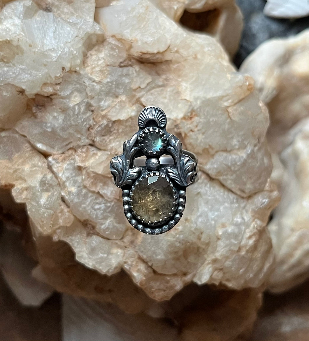 Autumn Leaf Faire One Ring, Labradorite and Imperial Topaz, Size 8