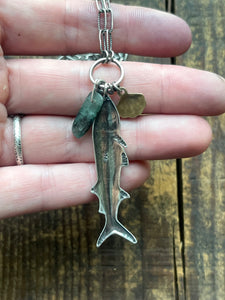 Fish Charm Chain, Handcrafted Sterling Silver with Brass Clam Shell and Kyanite