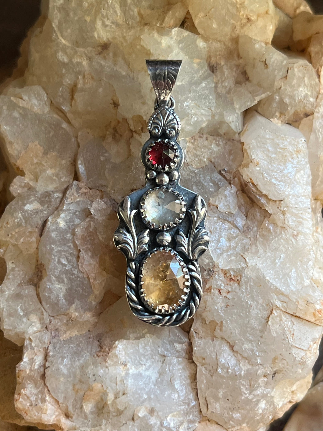 Autumn Series Fairest Pendant, Garnet and Topaz in Handcrafted Sterling Silver