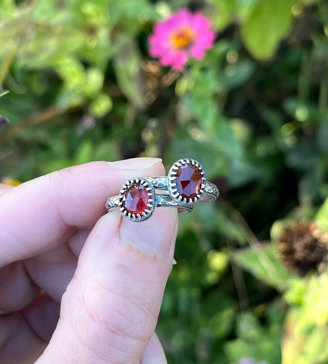 Rose Cut Garnet Ring in Handcrafted Sterling Silver, Size 6.5 and 7