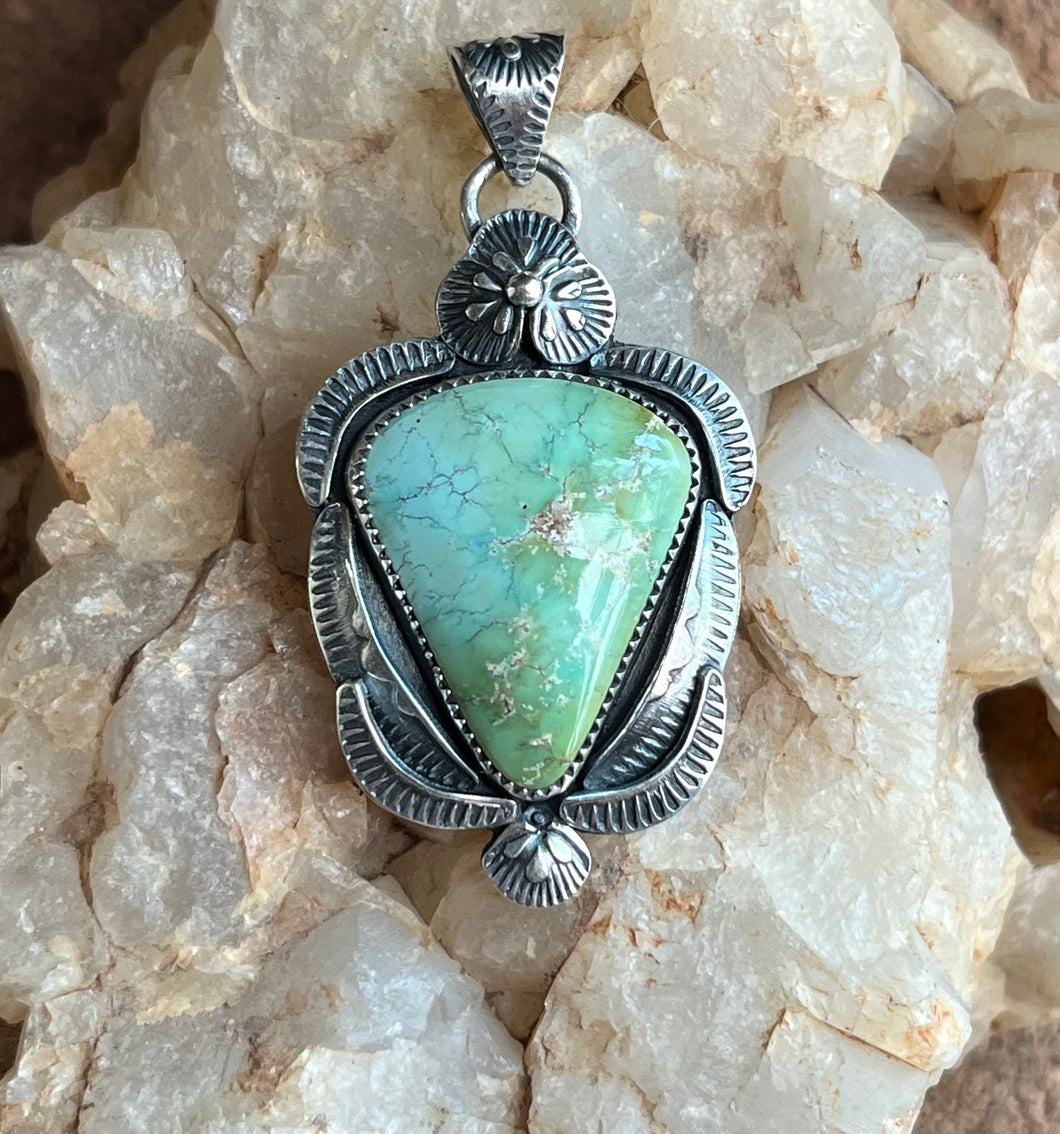 Sonoran Gold Turquoise Statement Pendant in Hand Stamped Detailing