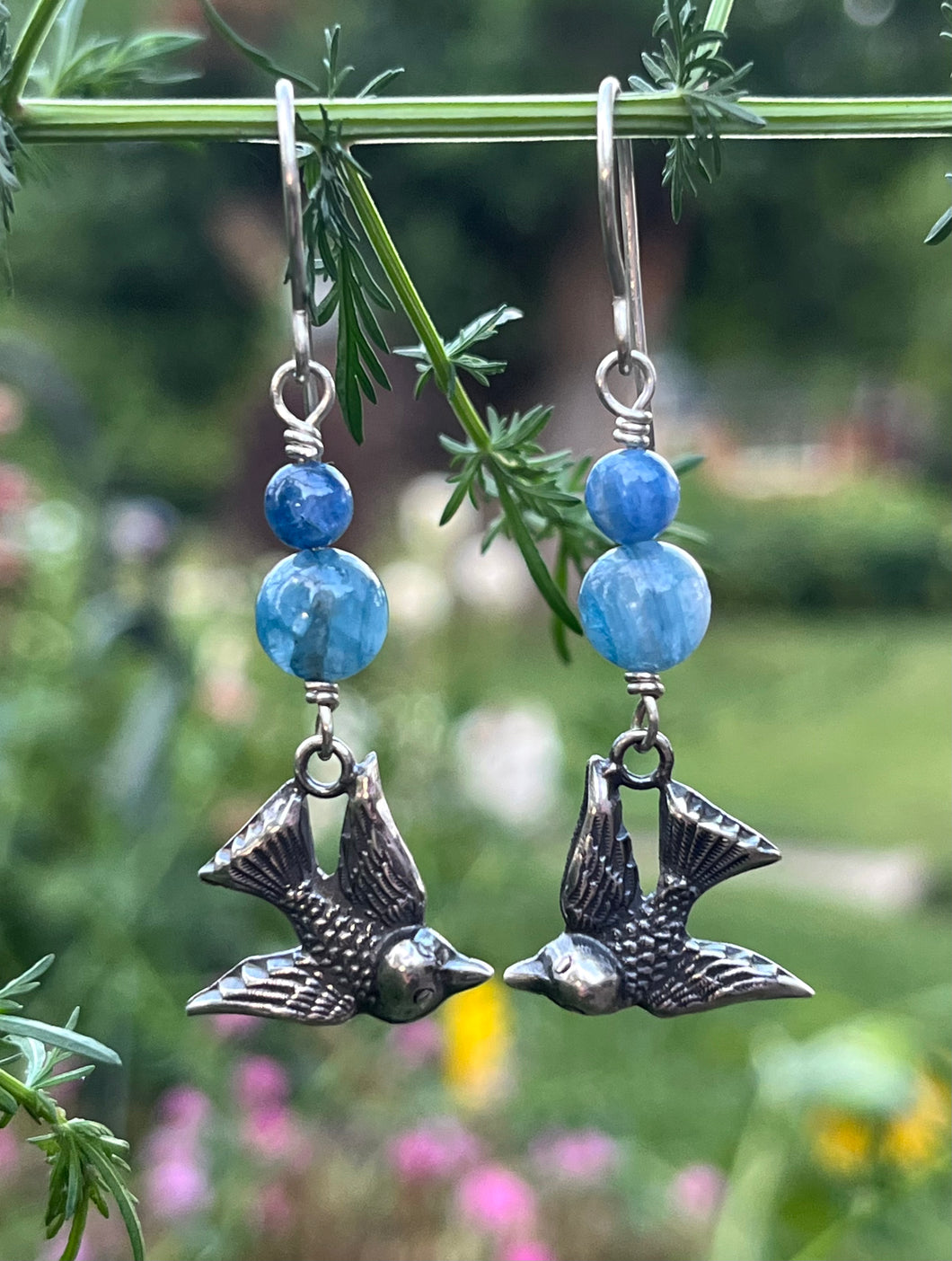 Lovebird Drop Earrings with Kyanite Beads, Handcrafted Sterling Silver