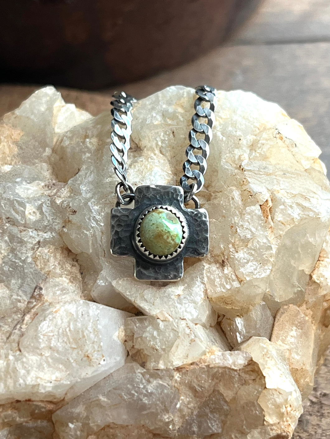 Sonoran Gold Turquoise Southwestern Cross Necklace, 16” Diamond Curb Chain