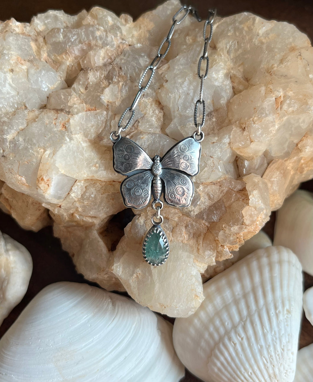 Art Nouveau Butterfly with Kyanite Drop, Handcrafted Sterling Silver, 20” Chain