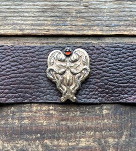Egyptian Revival Brass Lotus and Snake Design on Leather Bracelet, Set with Garnet in Fine Silver