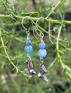 Lovebird Drop Earrings with Kyanite Beads, Handcrafted Sterling Silver