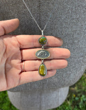Load image into Gallery viewer, Troy Springs Turquoise with Framed Fish Pendant, Handcrafted Sterling Silver and Brass Accent
