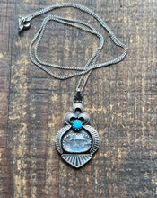 Load image into Gallery viewer, Dream Land Hand Stamped Turquoise and Rainbow Moonstone Pendant, Sterling Silver, with 16” Chain
