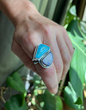 Load image into Gallery viewer, Sky and Land Asymmetrical Elements Ring, Nevada Turquoise and Australian Boulder Opal, Size 9.5
