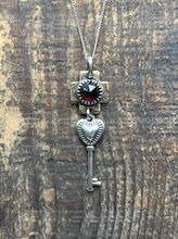 Load image into Gallery viewer, Symbolic Key and Heart Pendant, Sterling and Brass with Faceted Garnet, 16” Sterling Chain
