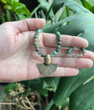 Load image into Gallery viewer, Egyptian Motif Scarab in Brass  with Emerald Beaded Necklace, 21” Long
