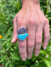 Load image into Gallery viewer, Sky and Land Asymmetrical Elements Ring, Nevada Turquoise and Australian Boulder Opal, Size 9.5
