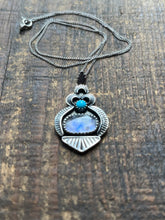 Load image into Gallery viewer, Dream Land Hand Stamped Turquoise and Rainbow Moonstone Pendant, Sterling Silver, with 16” Chain
