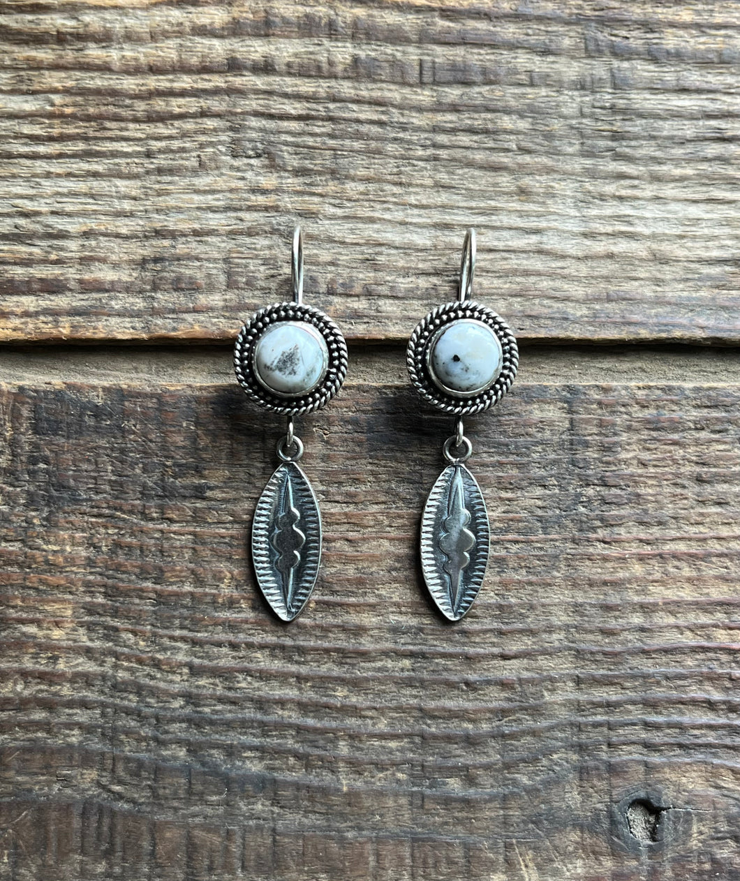 White Buffalo Hand Stamped Drop Earrings, Handcrafted Sterling Silver