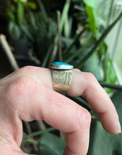 Load image into Gallery viewer, Kingman Turquoise Ring in Brass Scrollwork Style Band, Size 9
