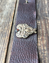 Load image into Gallery viewer, Egyptian Revival Brass Lotus and Snake Design on Leather Bracelet, Set with Garnet in Fine Silver
