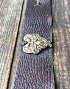 Egyptian Revival Brass Lotus and Snake Design on Leather Bracelet, Set with Garnet in Fine Silver