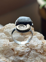 Load image into Gallery viewer, Juxtapose Ring, Herkimer Quartz and Brass Ammonite Shell in Handcrafted Sterling Silver, Size 8
