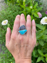 Load image into Gallery viewer, Sky and Land Asymmetrical Elements Ring, Nevada Turquoise and Australian Boulder Opal, Size 9.5
