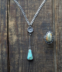 Turquoise Mountain Daisy Drop Lariat Style Necklace, 18-19” Long