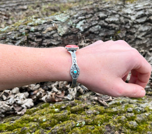 Spiney Oyster and Turquoise Hand Stamped Sterling Silver Cuff, 6" Medium Fit